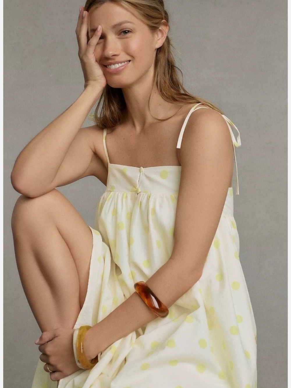 WHIT TWO Yellow Polka Dot Cotton Maxi Dress XSP Tie Strap